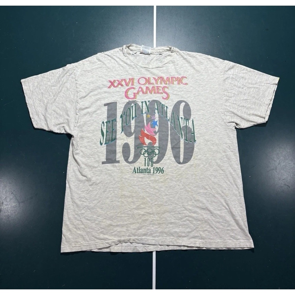 Vintage 1996 Atlanta Olympics T-Shirt Mens XL Gray Summer Games Thrashed USA 90s